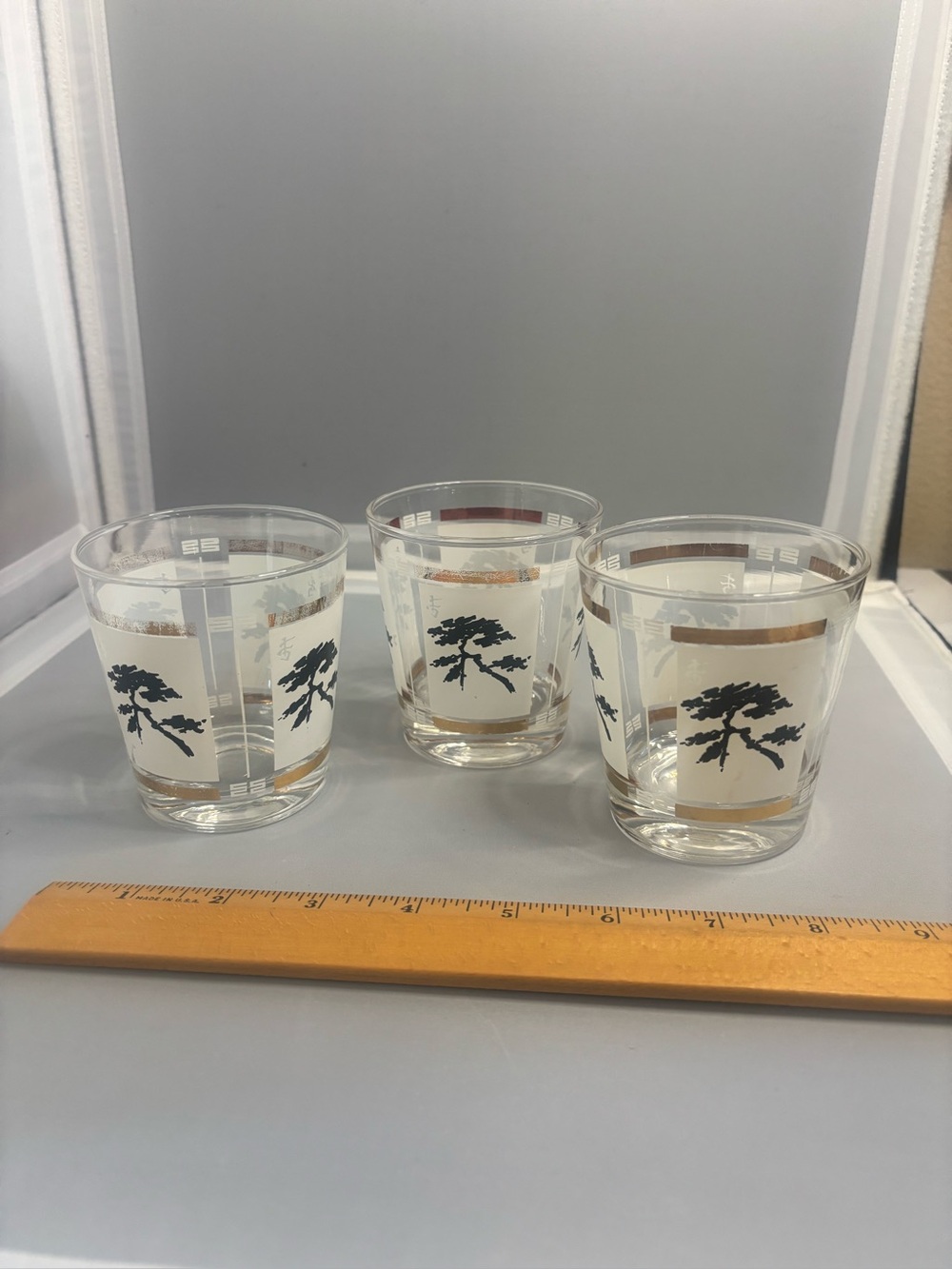3 Anchor Hocking Mid Century Modern Rocks Glasses Far East Bonsai Tree Gold Trim
